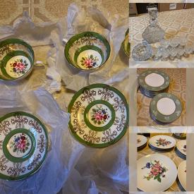 MaxSold Auction: This online auction includes crystalware, silver tea set, Crown Victoria plates, Rosenthal Studio plates and other china, art books, wine glasses, decor, bags, wall carpet, ornament, rocking chair and more!