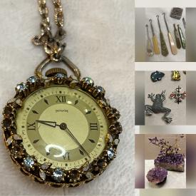 MaxSold Auction: This online auction features vintage costume jewelry, vintage men’s jewelry, watches, jewelry craft supplies, Victorian button hooks, amethyst bonsai tree, and much more!!