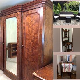 MaxSold Auction: This online auction includes 50” LG TV, furniture such as highboy dresser, antique armoire, garden benches, patio furniture, and wingback chairs, adult tricycle, yard art, houseplants, area rugs, vintage glassware, stoneware, small kitchen appliances, and much more!