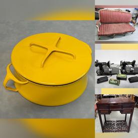 MaxSold Auction: This online auction includes furniture such as a vanity table, settee, teak chair, ottoman and others, wall art, vintage abacus, decor, kitchenware, Myott and other china, Singer sewing machines, clock, lamps, vintage cameras, Murano glass, brassware, cast iron items and more!