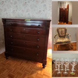 MaxSold Auction: This online auction features antique dressers, four-poster bed, mirrors, 3D prints, nature photographs, decanters, Italian crystal glasses, and much, much, more!!!