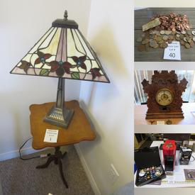 MaxSold Auction: This online auction features stained glass lamp, cameras, jewelry, mantel clock, art pottery, coins, games, puzzle, souvenir spoons, charm bracelet, fabric, vintage toy,  pet products, antique clock, sports trading cards, and much, much, more!!!