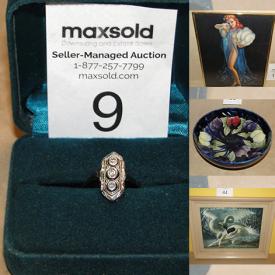 MaxSold Auction: This online auction features teacup/saucer sets, puzzles, Peru figurines, antique ring, vintage Red Rose tea figurines, Wade pottery, art pottery, soapstone carvings, art glass, Tom Clark gnome figurines, sports collectibles, pet products, decanter set, toys, stained glass lamp shades, sewing notions, BMP, serger, vintage cookie jar, and much, much, more!!!