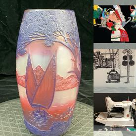 MaxSold Auction: This online auction features art glass, Lava vase, Art Deco table lamps, vintage gnome lamps, costume jewelry, art pottery, Bunnykins, Longaberger baskets, children & adult sewing machines,  buttons, thimbles, and much more!