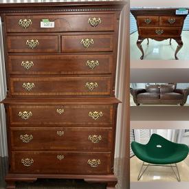 MaxSold Auction: This online auction includes Mezzadro Repro stools, serving table, chairs, couch, drawers, oak desk, vanity table, Chairpose K2 chair, coat hooks, framed prints, table lamps, plates, glass vases, mirrors and more!