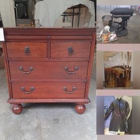 MaxSold Auction: This online auction includes furniture such as wooden stools, bistro table, entertainment center, wood hutch, metal cabinet, sofa table and others, kitchenware, small kitchen appliances, tents, sleeping bags and other camping supplies, kids toys, wall art, wood sailboat, clothing, accessories, lamps, home health aids, bicycles, linens, office supplies, yard tools, electronics, pet supplies, mirror and much more!