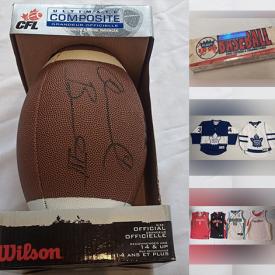 MaxSold Auction: This online auction includes sports and other cards, sports jerseys and other clothing, shoes, replica championship rings, pennants and other sports memorabilia, stuffed toys, Alan Frew bobblehead, CFL football and much more!