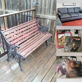 MaxSold Auction: This online auction includes Bench, love seat, chairs, post cards, media cabinet, shelf, Royal Albert cream soup dishes, bakeware, christmas tree, toys, electric fireplace, rock and folk LP\'s and many more!!