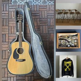 MaxSold Auction: This online auction includes Arthur Umanoff MCM stools, vintage Takamine guitar, industrial task table, clothing, bags, accessories, store supplies and more!