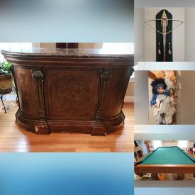 MaxSold Auction: This online auction features antique bar, pool table, sleigh bed, porcelain dolls, collector plates, monitors, toys, guitar, Casio keyboard, bikes, patio furniture, wet suits, grand piano, above ground pool, play kitchen, puzzles, and much more!!!