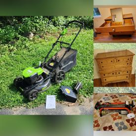 MaxSold Auction: This online auction includes Greenworks lawn mower, Weber grills, furniture such as antique chest, wood vanity, dressers, end tables, corner desks and entertainment stand, books, exercise equipment, glassware, and more!