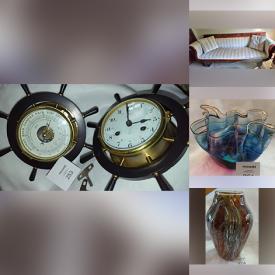 MaxSold Auction: This online auction includes Williams Sonoma dishware, baskets, decor, Tiffany style lamp, stained glass, electronics, art glass, wall art, furniture such as a wood end table, bamboo shelf unit, La-Z-Boy lift chairs, antique sofa, Ethan Allen dresser, Midcentury atomic style table and more!