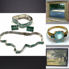 MaxSold Auction: This online auction features gold & gemstone jewelry, teacup/saucer sets, engagement rings, antique pine dresser, drop leaf tea cart, mirrors, area rugs, proof sets, original artworks, Hummels, Royal Doulton figurine, Mexican sterling silver, cement urns, Asian paper scrolls, vinyl records, stamps, antique Tiffany-style lamp, teak table, vintage grape press, art glass, antique stoneware, vintage wood pipes, and much, much, more!!!