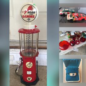 MaxSold Auction: This online auction includes diecast car models, train models, coins, banknotes, jewelry, glassware, Gilmore pump, James Dean figure, Nascar memorabilia, vintage tins, Coca Cola memorabilia, vintage tools and much more!