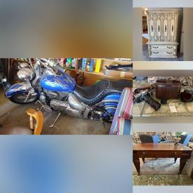 MaxSold Auction: This online auction includes a Suzuki Motorcycle, furniture such as upholstered armchairs, china cabinet, armoire, shelving units, couch, folding table, side tables, recliner, bench, nightstand and others, rugs, silverplate, art glass, stemware, china, kitchenware, small kitchen appliances, vinyl records, clothing, shoes, accessories, Capodimonte and other lamps, light fixtures, office supplies, mirror, wall art, electronics, home health aids, vases, decor, yard tools, seasonal decor, auto products, dolly, paving bricks, bicycles and many more!