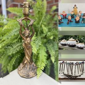 MaxSold Auction: This online auction includes a Vilas wall curio, wall art, candlesticks, pressed glass, jewelry, accessories, Wedgwood and other china, mechanical bank, light fixtures, silverware, Royal Staffordshire pottery, antique books, china, hairstyling tools, antique postcards and more!