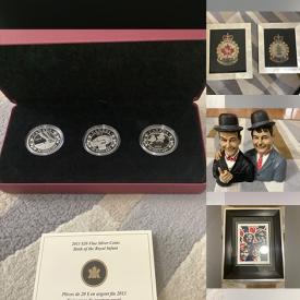 MaxSold Auction: This online auction includes dining table sets, vinyl records, pins and memorabilia, display case, coins, Star Wars figures, electronics, wall mounts, decorative plates, Coca Cola mirror sign, Laurel and Hardy figure, tavern bar signs, framed prints and more!