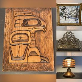 MaxSold Auction: This online auction features West Coast cedar carvings, Adam Sherriff Scott art, art glass, Art Deco lamps, antique ciborium, art pottery, pocket watches, vintage lighters, sterling silver pieces, Asian seals, coins, and much, much, more!!!