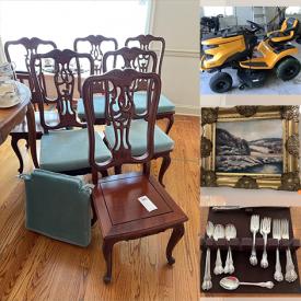 MaxSold Auction: This online auction includes furniture such as chairs, Asian chests, storage cabinets, shelving units, dressers, bedframes, dining table, Asian cabinet and others, Cub Cadet riding mower, cleaning supplies, tools, hardware, sterling silverware, china, kitchenware, small kitchen appliances, Uranium glass, wall art, books, vintage toys, linens, electronics, Asian decor, jewelry, shoes, accessories, clothing and many more!