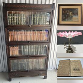 MaxSold Auction: This online auction features vintage Tiffany-style lamp, comics, oil lamps, vintage postcards, vintage bottles, stoneware crocks, stamps, area rug & runner, antique bonnet chest, teacup/saucer sets, vintage books, leaded glass barrister bookcase, and much, much, more!!!