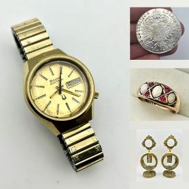 MaxSold Auction: This online auction includes jewelry, accessories, lapel pins, watches, lamp crystals, coins, match vesta, candelabra, hunting dog door stop, brassware, Foo dogs, pottery and much more!