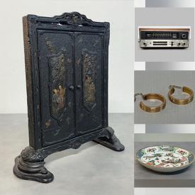 MaxSold Auction: This online auction includes a Burmese rice pot, Florentine religious panels, carved wood chess set, vanity mirror, antique clinometer, enamel vases, Feng Shui coin, Chinese dishware, silverplated items, vanity set, jewelry, accessories, vinyl records, Thorens turntable, electronics and more!