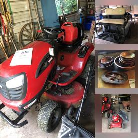 MaxSold Auction: This online auction includes Craftsman riding lawn tractor, electric golf cart, signed original art, Sears compressor, tool chest with tools, hardware, 14k gold rings, sterling silver jewelry, crystal barware, small kitchen appliances, furniture such as power recliner, love seat sofa, wood dining chairs, farmhouse style dining table, and vintage dresser, fine china, costume jewelry, and much more!