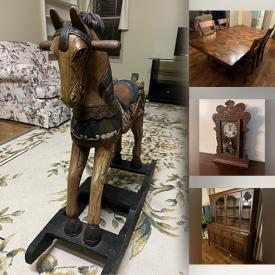 MaxSold Auction: This online auction includes antique wooden rocking horse, furniture such as large wooden dining table with chairs, power recliner, antique dresser with mirror, 3 seat fabric couch, entertainment unit, antique secretary desk and antique sideboard, small appliances and more!