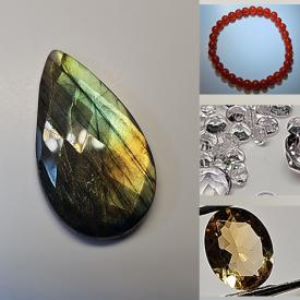 MaxSold Auction: This auction featured gem stones, including  Ethiopian Opal, Rutilated Quartz, Sapphire,  Golden Citrine, Green Apatite ,   Blue Topaz, Labradorite, Aventurine ,  Peridot,  Morganite and much much more!