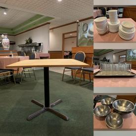 MaxSold Auction: This online auction includes dining tables, stackable dining chairs, plastic restaurant carts, wooden podium, wood room divider, plates, cups, stainless steel cutlery, pans, mixing bowls and more!