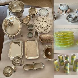 MaxSold Auction: This online auction includes silverplated items, ceramic cups, handpainted glassware, linens, porcelain platters, crystal vases, antique green glass, Limoges and other china, Chinese pot, porcelain figures and more!