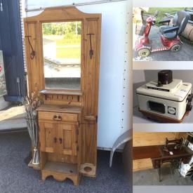 MaxSold Auction: This online auction includes furniture such as a hall stand, washtub table, sewing machines in tables and others, mobility scooter, kitchenware, small kitchen appliances, wall art, cleaning tools, DVDs, video games, consoles, accessories, toys, vintage comics, books, magazines, decorative plates, vintage tools, electronics, stamps, anniversary clock, Wedgwood and other china, oil lamps, brassware, trading cards, guitar amp and much more!