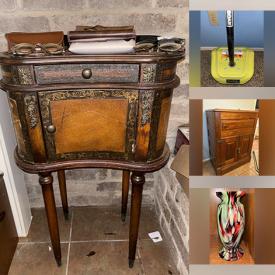 MaxSold Auction: This online auction features antique icebox, art glass, wood carvings, roll top desk, vinyl records, wine rack, kidney cabinet, musical instruments, desktop computer, vintage trunks, and much more!