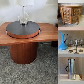 MaxSold Auction: This online auction includes MCM cocktail tables, Midcentury desk, coffee table, walnut dressers and others, lamps, linens, candleholders, decor, Polaroid land camera, vases, knee roller, Wedgwood pottery, Pyrex, kitchenware, milk glass, wall hangings, tins and more!