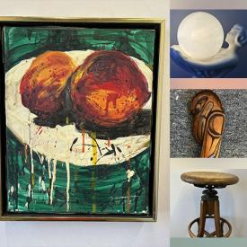 MaxSold Auction: This online auction includes wall art, vinyl records, fishing rods, figurines, Matryoshka dolls, accessories, gingerbread clock, lamps, side table, mirror, door knocker, pottery, stained glass window, drafting stool, Vaseline glass vase and more!