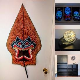 MaxSold Auction: This online auction features sound reactive masks, pet products, Techline furniture, hand tools, power tools, sewing machine, African art, fitness gear, small kitchen appliances, TV, Indonesian puppet, printer, art pottery, ukulele, and much, much, more!!!