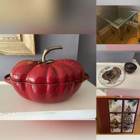 MaxSold Auction: This online auction includes a trolley, Portmeirion server, linens, Spode and other china, bakingware, kitchenware, pottery, accessories, jewelry, organizers, outdoor trellis, tables, shelves and more!