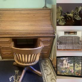 MaxSold Auction: This online auction includes furniture such as couch, chairs, rolltop desk, bedframe, cupboard and others, wood shelf, canister set, brass figures, quilt rack, walker, lamps, glass tea set and more!