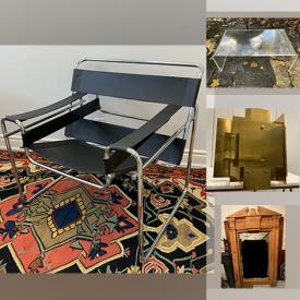 MaxSold Auction: This online auction includes Wassily armchairs, rugs, wall art, crystalware, Asian chess set, table, acrylic shop front letters, MCM ice bucket, Toleware, antique clock, boxes, soy wax candles, leather floor mat, brassware, swivel stools, and more!