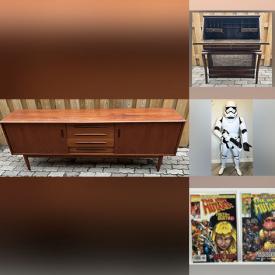 MaxSold Auction: This online auction includes furniture such as barrister desk, teak dining table, teak sideboard, chairs, MCM dresser, bench and others, Star Wars figures, toys, comic books, vintage Corningware, small kitchen appliances, electronics, books, wall art, Playboy magazines, vases, decor, Playstation games, Nintendo Switch console, vintage cameras and more!