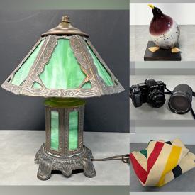 MaxSold Auction: This online auction includes lamps, vases, wall art, vintage printing plates, cloisonne pots, green glassware, vintage cameras, rotary phones, metronome, carving plaques, antique tray table, linens, handblown glass, MCM teak bucket, servingware, electronics, vintage insulators and more!