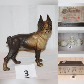 MaxSold Auction: This online auction includes a Stangl butterfly vase, cast iron Boston Terrier door stop, wall art, coins, wrought iron scale, mirror, electric guitar, acoustic guitar, vintage bookends, Belleek and other china, jewelry, accessories, porcelain dresser jars, pottery, art glass, ephemera, toys, antique stereoscope, electronics, vinyl records, antique postcards, books, milk glass and much more!