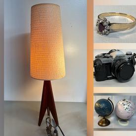 MaxSold Auction: This online auction includes an Ikea Klimat floor lamp and other lamps, 1960s Spartus cat wall clocks, jewelry, accessories, clay figure, Jade statues, silver spoons, turkey decanter, brass tray, Canon camera lenses, coasters, pottery, cups, glassware, Royal Doulton chamber pot, Pyrex mixing bowls, globes and more!n