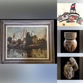 MaxSold Auction: This online auction features Indigenous artwork, art pottery, vintage costume jewelry, soapstone sculptures, art glass, Susie Cooper plate, African coiled baskets, wood carvings, perfume bottle, vintage mixing bowls, beaded figurine, and more!