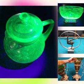 MaxSold Auction: This online auction includes Fenton glass, Uranium glass, trays, oak panel, kitchenware, wall art, barware, Bocce set, milking stool, plates, linens, countertop desk, black lacquer cabinet, vinyl records, color changing fireplace, lamps, antique settee, trunk, lamps, Pirelli tires and more!