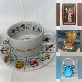 MaxSold Auction: This online auction features cranberry glass, vintage aluminum statue, vintage perfume bottles, oil lamp, cameras, small kitchen appliances, vintage Pyrex, nesting hen, vintage brass music box, smoking cabinet, Fenton glass, vintage cedar chest, Indiana glass, and much, much,