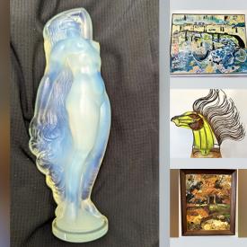 MaxSold Auction: This online auction features Sabino art glass statue, Diane M Cole oil painting, Uranium glass, abstract sculpture, pottery sculpture, Majolica style pottery, art books, Frank Welz splatter vase, stained glass panel, Folk Art salt box, perfume bottle, vintage Hoselton sculpture, puzzles, and much, much, more!!!