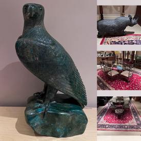 MaxSold Auction: This online auction includes sculptures, Facit adding machine, kitchenware, Ching Dynasty baskets, wall art, decor, carved coffee table, sofa, audio equipment, antique hutch, clock, Art Shoppe armchairs, Pakistani rug, display cabinet, dining table set and more!