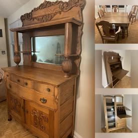 MaxSold Auction: This online auction includes couches, oak buffet, oak dining table set, corner nook, display cabinet, plant holder, pine toybox, lamps and more!