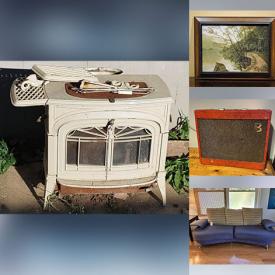 MaxSold Auction: This online auction features vintage furniture, glass dining room table, stereo components, leather stools, pool table & accessories, amps, guitars, wood burning stove, stained glass panels, camera, guitar bodies, washer, dryer, computer components, speakers, drums, and much, much, more!!!